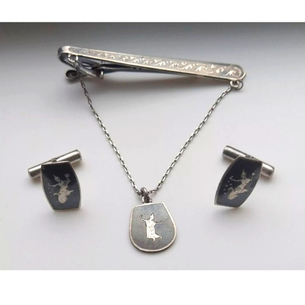 SIAM 925 Sterling Silver Cufflinks & Tie Clip Goddess Dancers Vintage Black